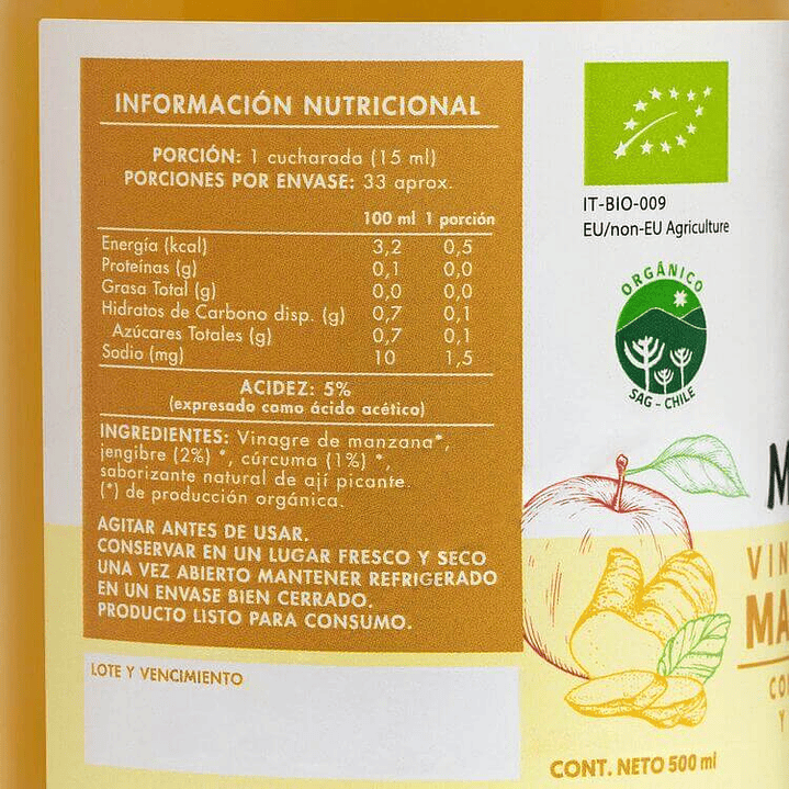 Manare - Vinagre de Manzana con Cúrcuma y Jengibre 500ml 2