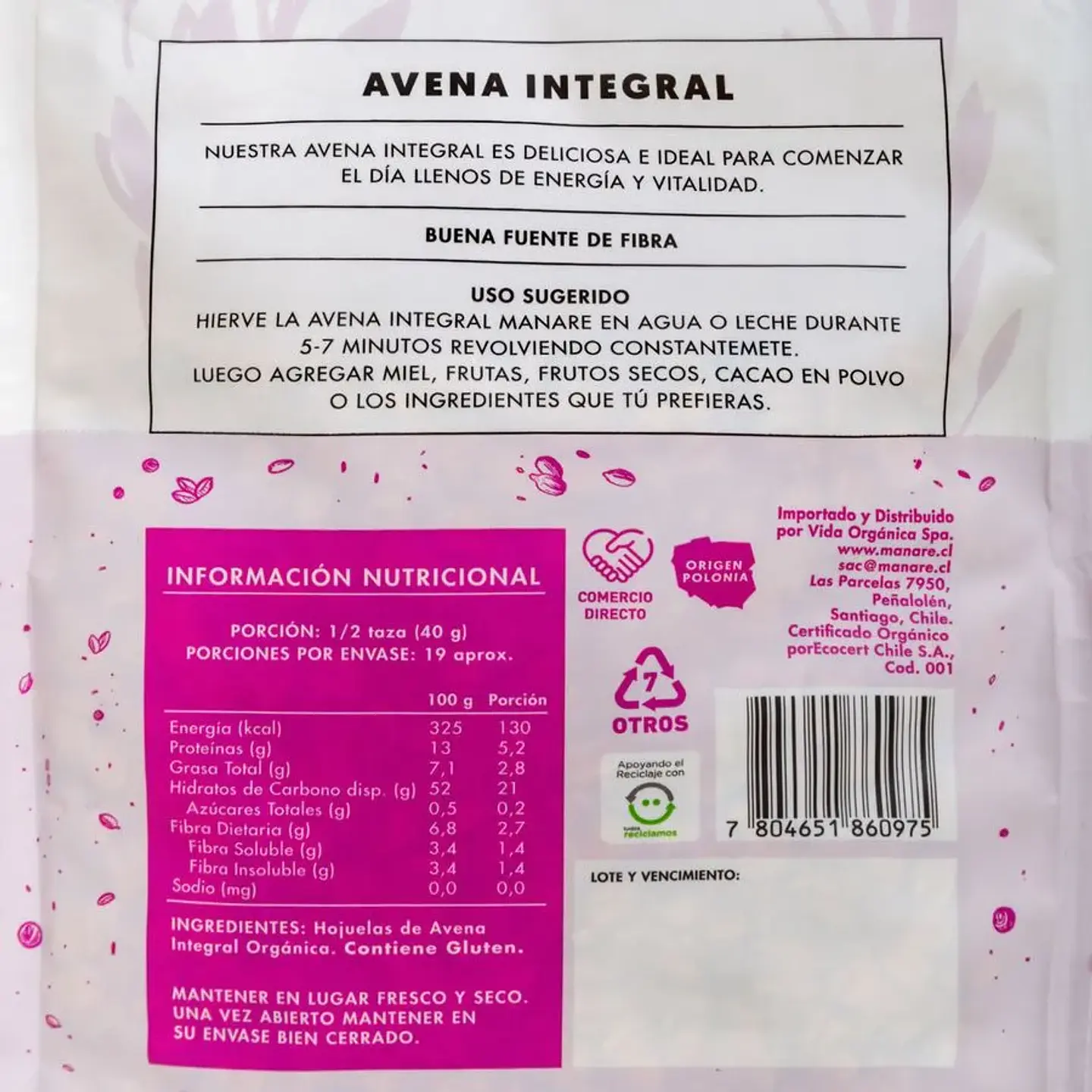 Manare - Avena integral Orgánica 750grs 2