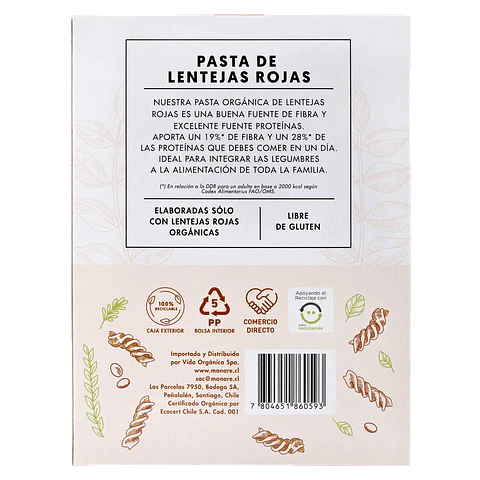 Espirales de lentejas rojas 250g Manare
