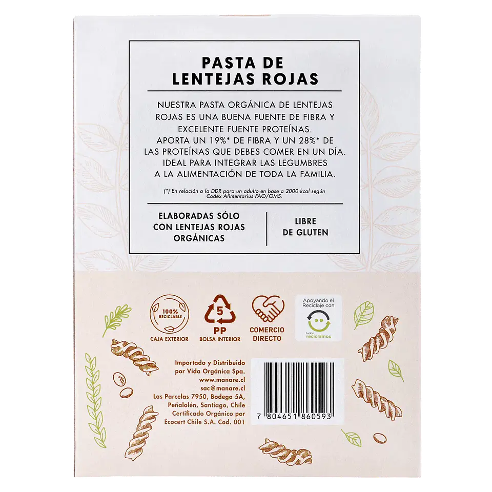 Espirales de lentejas rojas 250g Manare 2