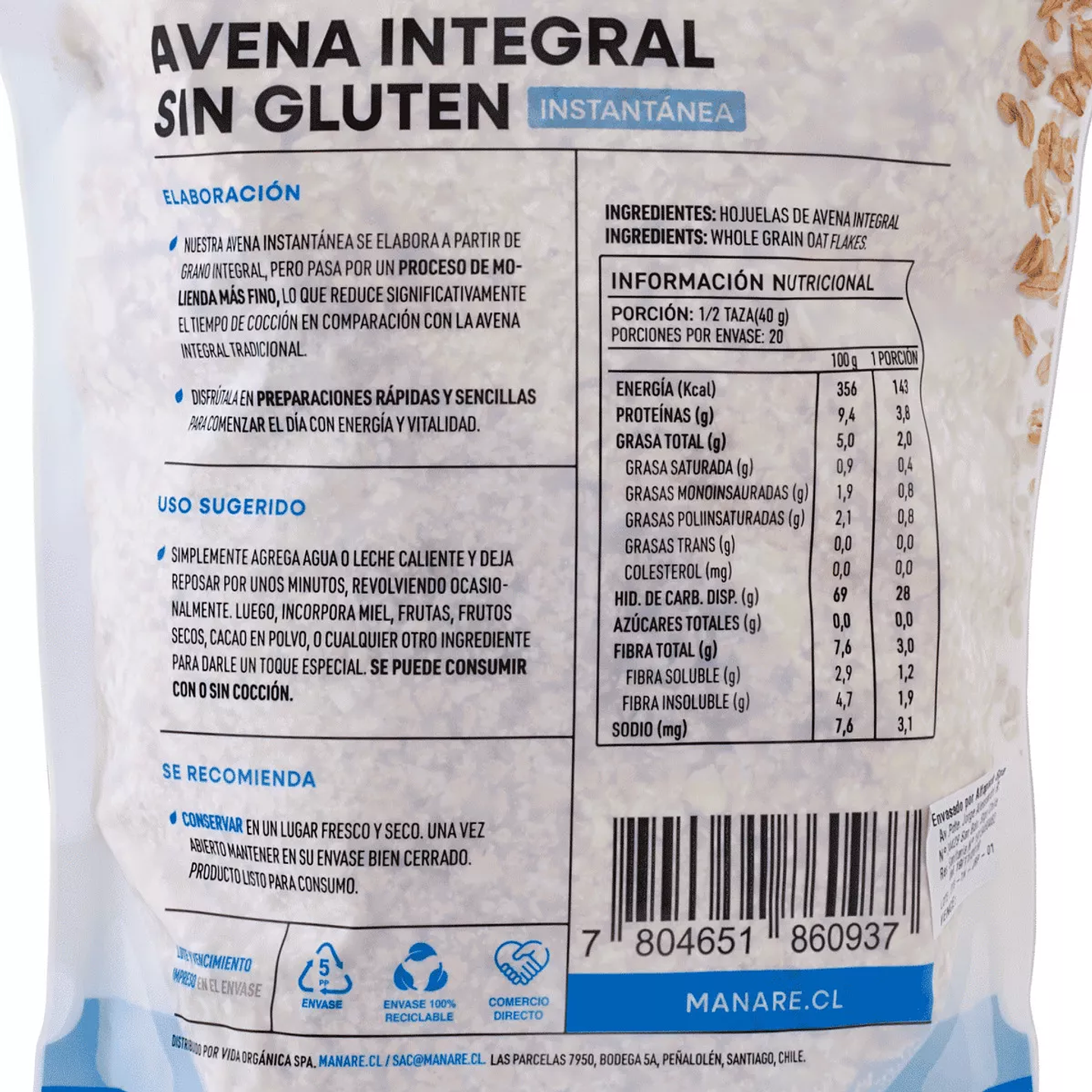 Manare - Avena Sin Gluten Instantánea 800g 3