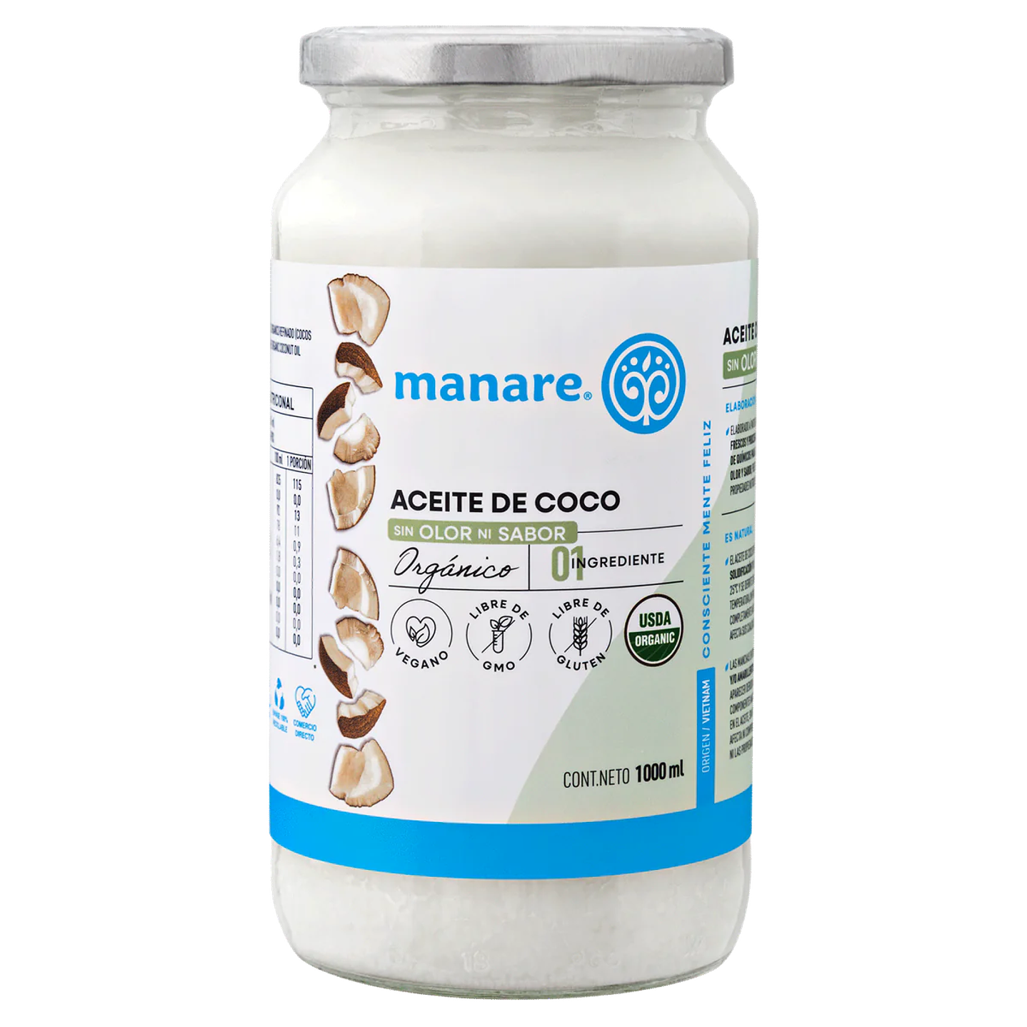Manare - Aceite de coco Orgánico Sin sabor Sin Olor 1L 1