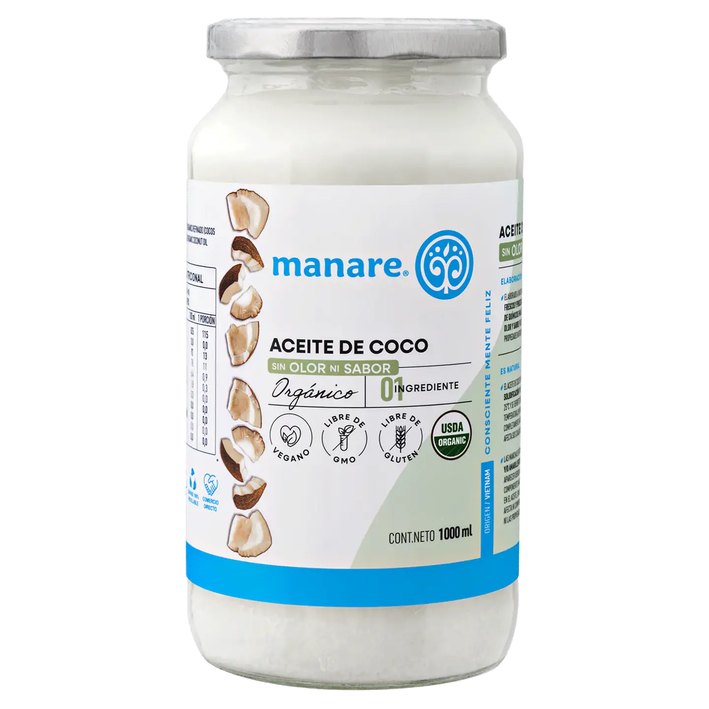 Manare - Aceite de coco Orgánico Sin sabor Sin Olor 1L 1