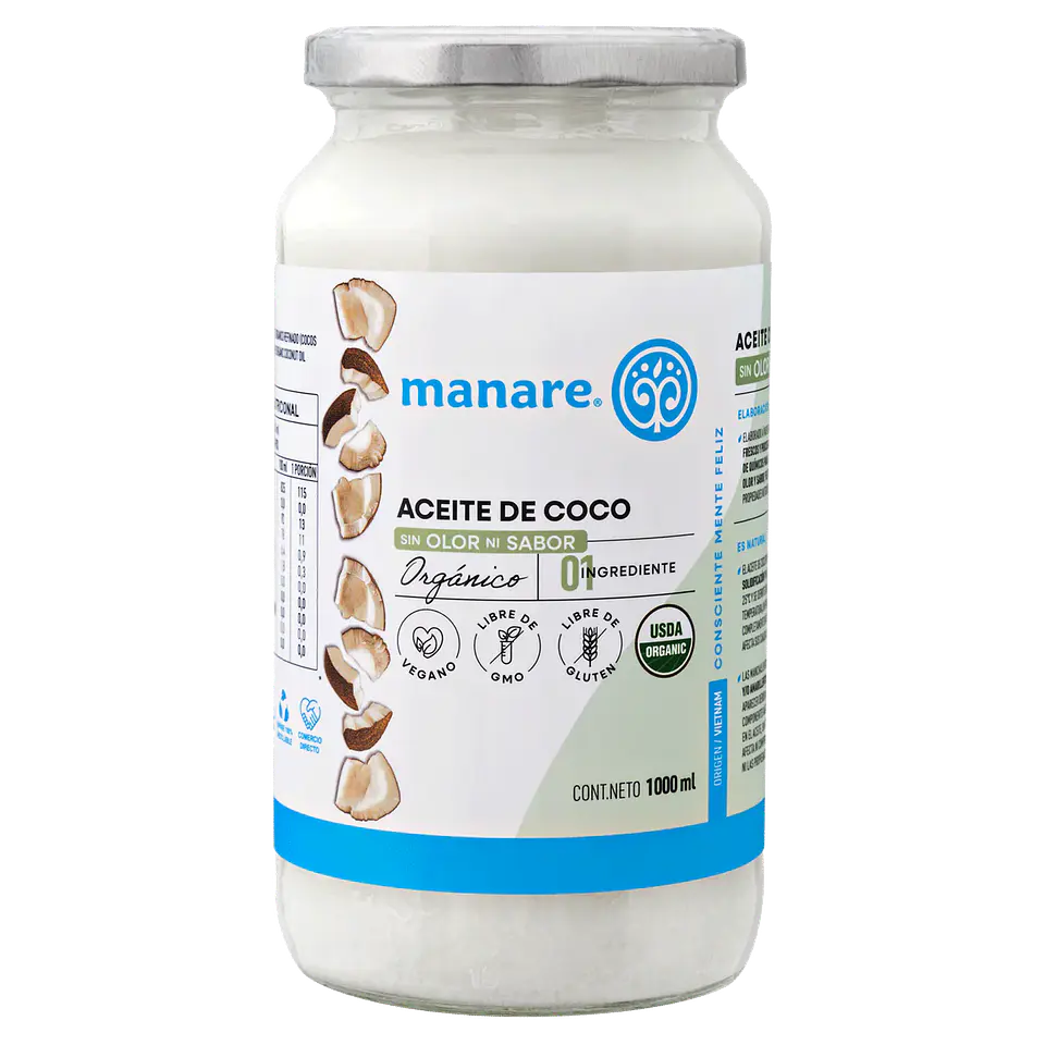 Manare - Aceite de coco Orgánico Sin sabor Sin Olor 1L 1