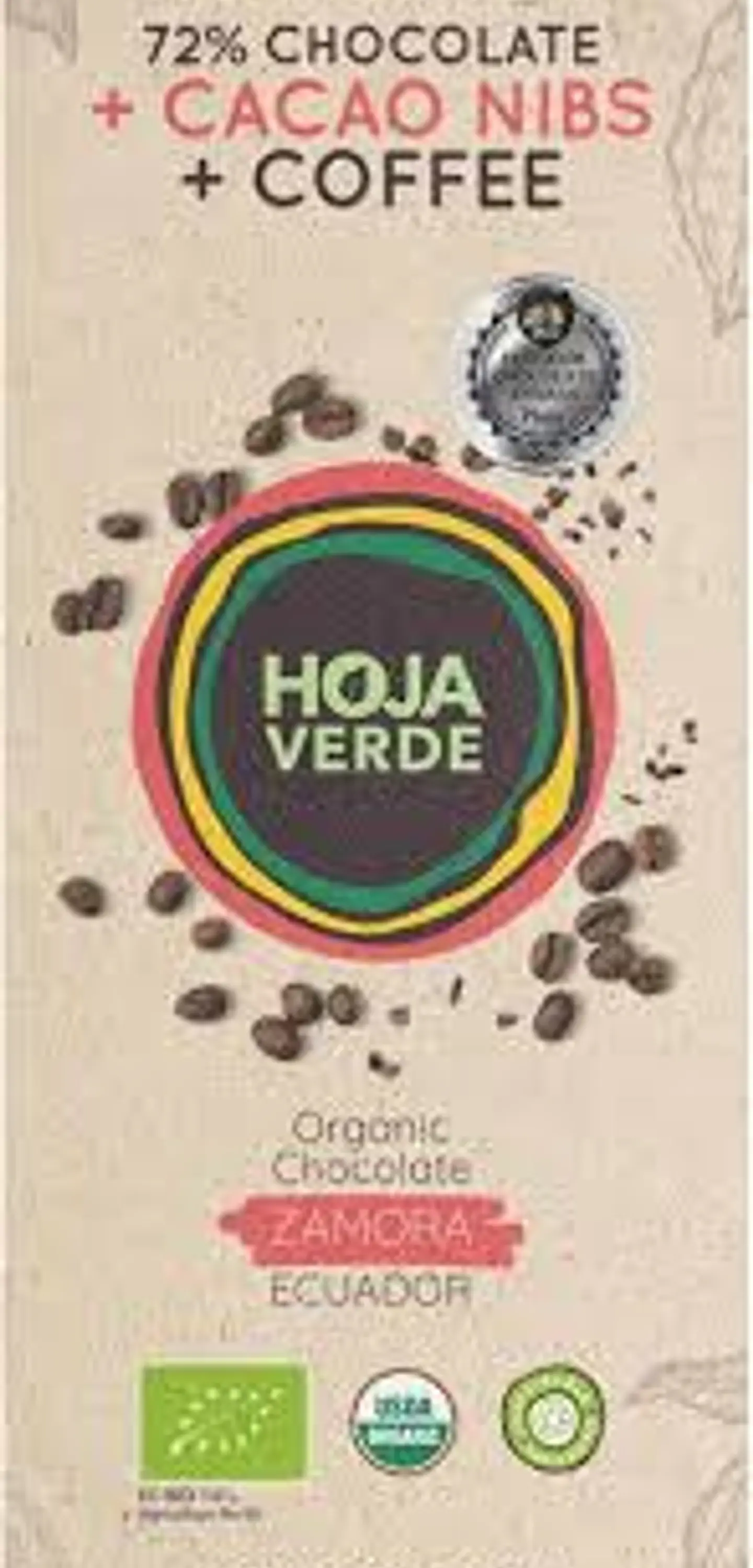 Hoja Verde - Chocolate Organico 72% mas cacao nibs + Coffe 50g  1