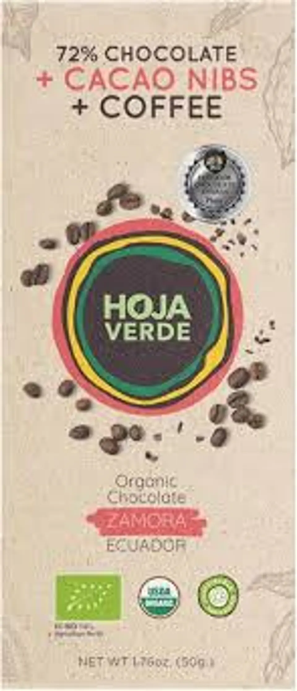 Hoja Verde - Chocolate Organico 72% mas cacao nibs + Coffe 50g  1