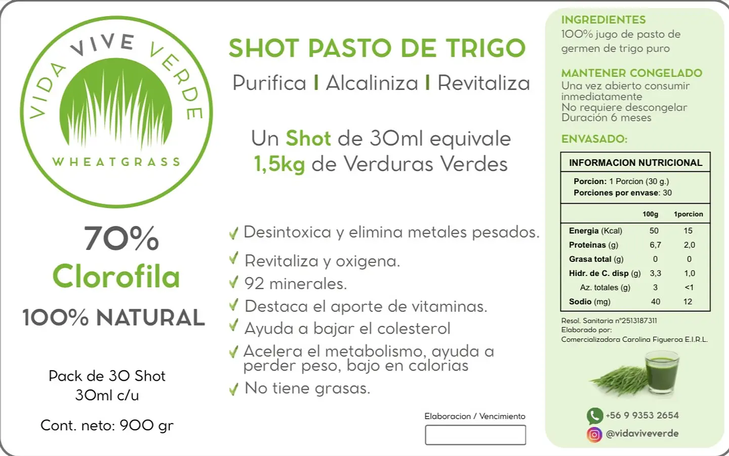Vida vive verde - Shot pasto de trigo 30 unidades Producto Congelado, solo disponible para retiro en tienda 2