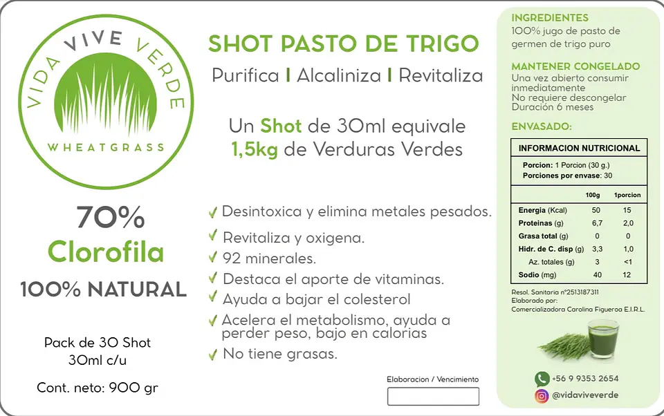 Vida vive verde - Shot pasto de trigo 30 unidades Producto Congelado, solo disponible para retiro en tienda 2