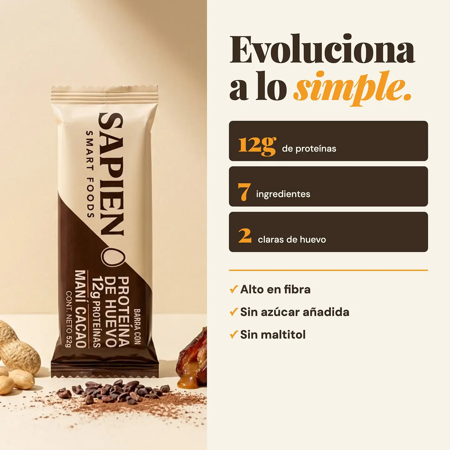 Sapien - Barra con proteina de huevo cacao 52g  1