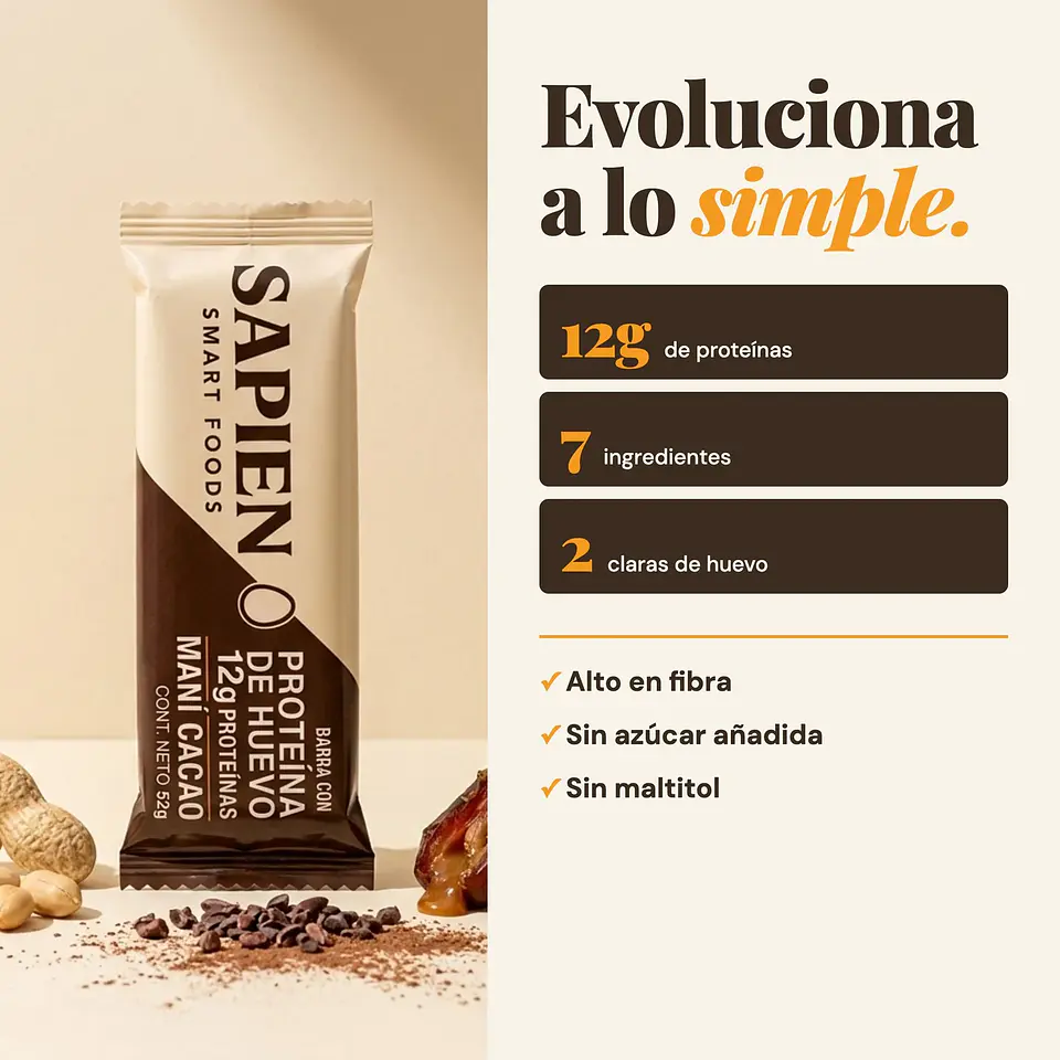 Sapien - Barra con proteina de huevo cacao 52g  1