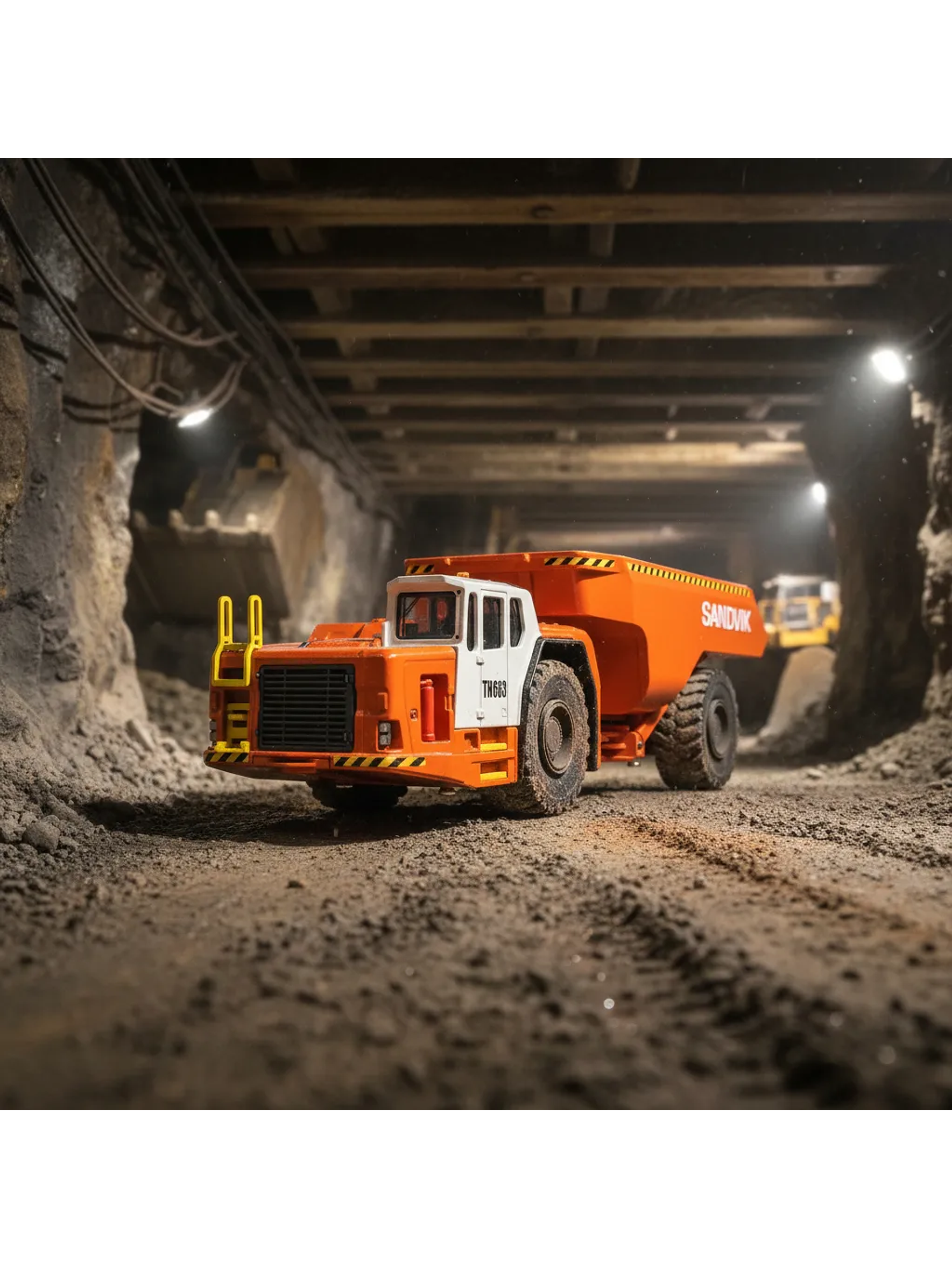 Camión Dumper  Sandvik Toro TH663  — Conrad Modelle. Escala 1:50. Equipo minería subterránea bajo perfil de 63 t | Chile 1