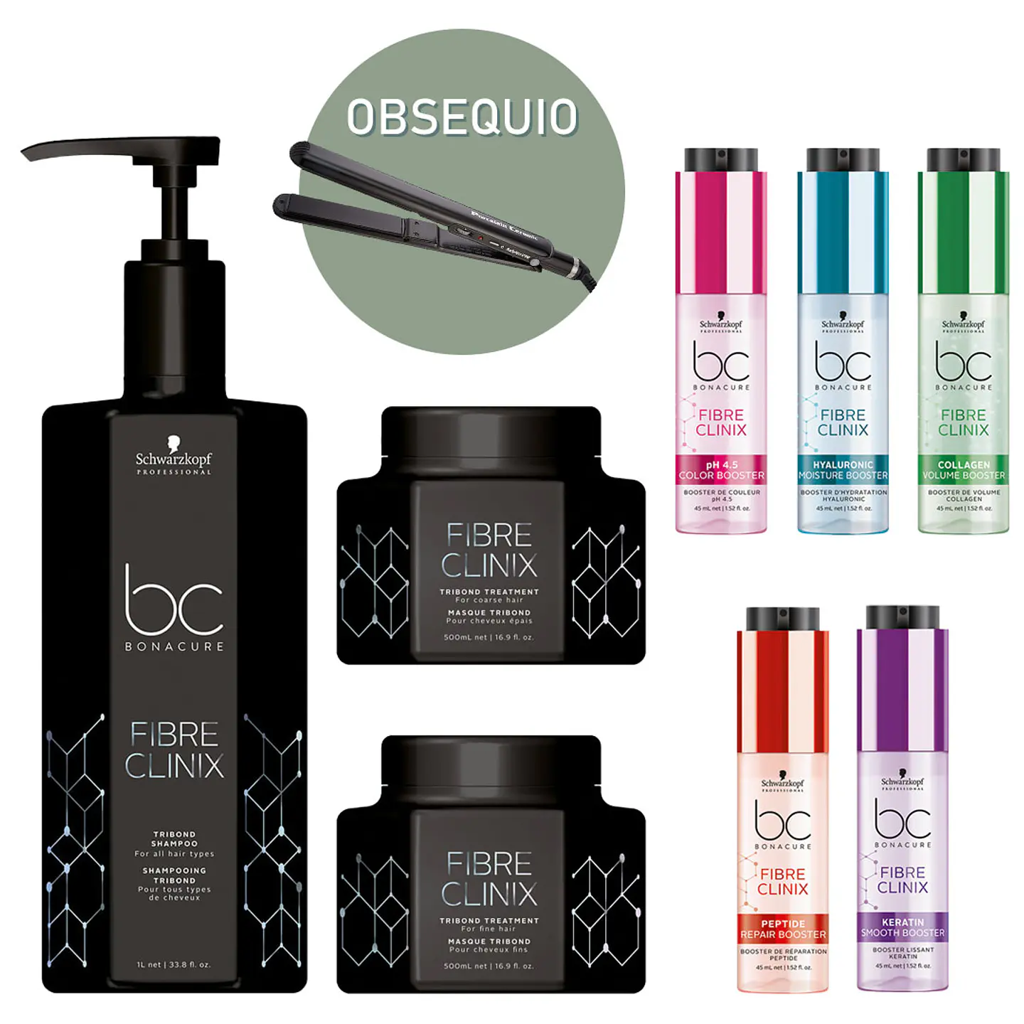 Kit exclusivo de salón BC Bonacure Fibre Clinix + Obsequio Plancha Profesional 1