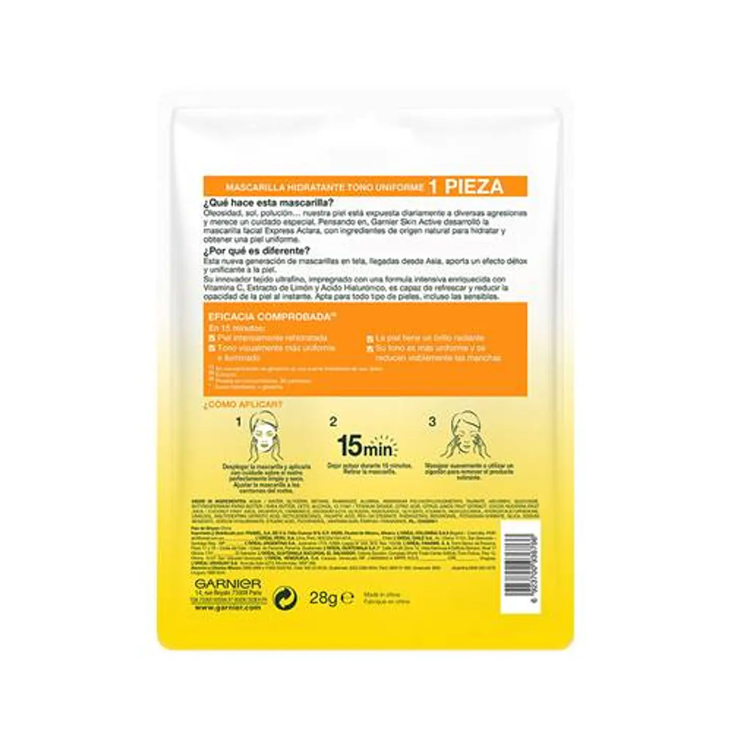 Mascarilla facial en tela Tono Uniforme Express Aclara GARNIER Skin Active 2