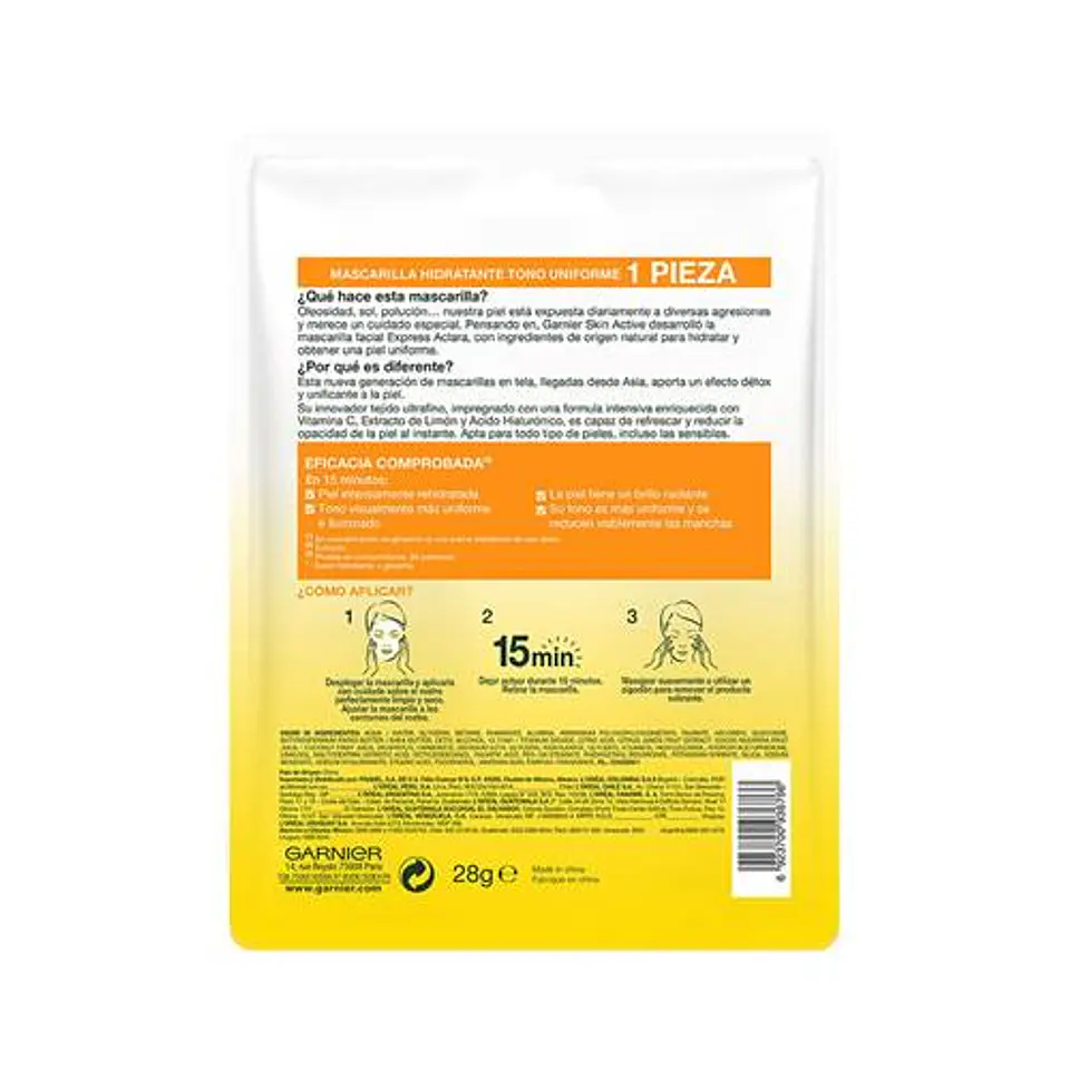 Mascarilla facial en tela Tono Uniforme Express Aclara GARNIER Skin Active 2