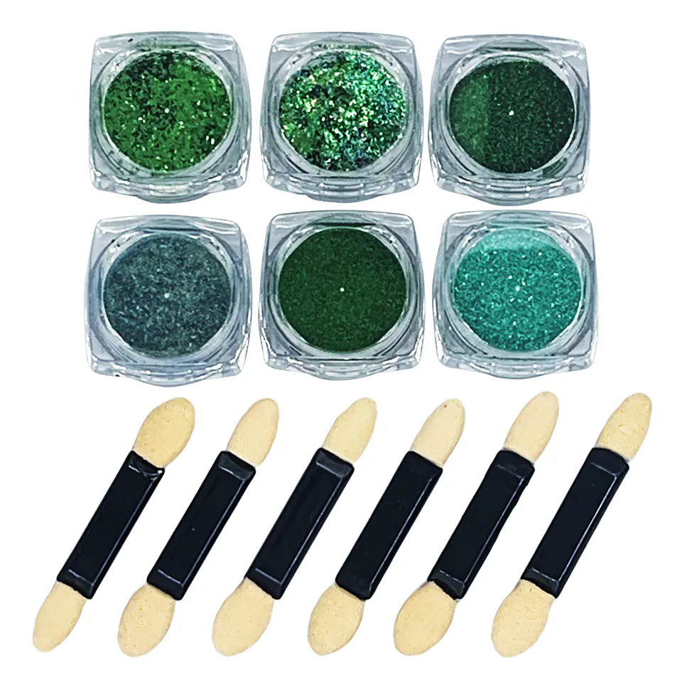 Kit Polvo Espejo, Glitter, Flake it VICKY NAIL X6 Verde 1