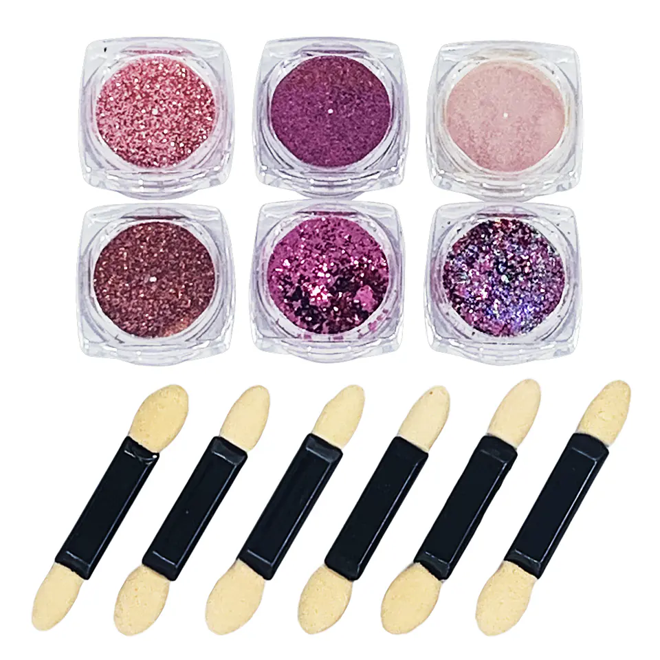 Kit Polvo Espejo, Glitter, Flake it VICKY NAIL X6 Rosado 1