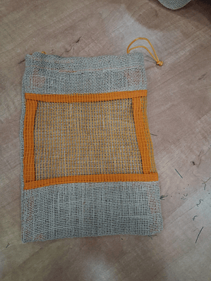 Orange burlap bag with mesh window, 22x30cm