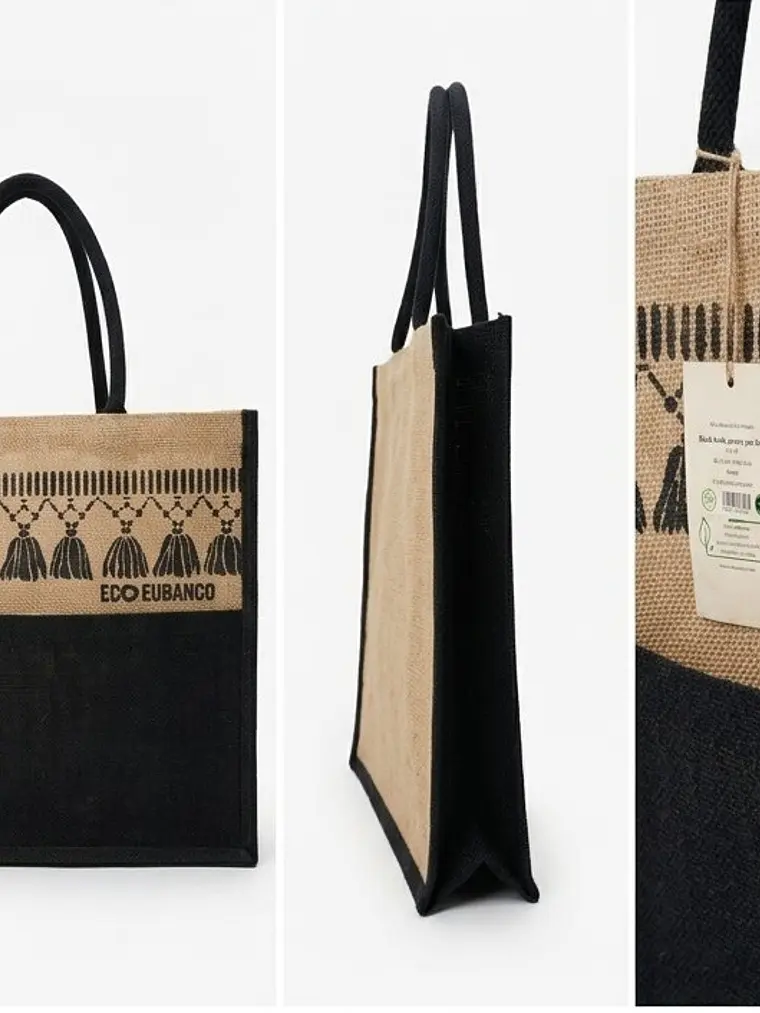 Saco de Juta natural com alças pretas e bolso externo 1