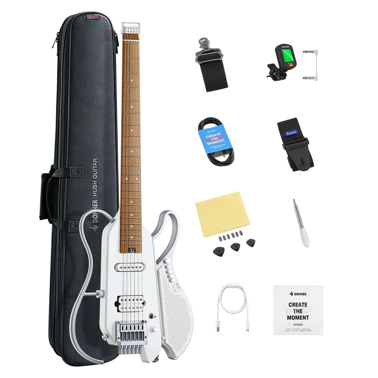 Guitarra Eléctrica Donner HUSH X LIVE White con Parlante EC7702 2