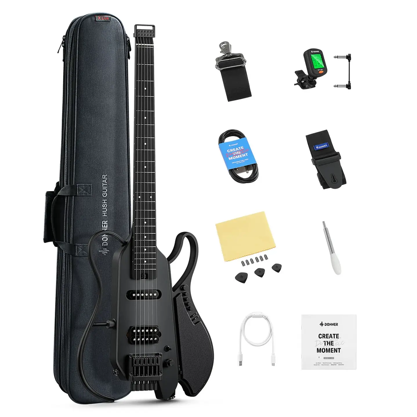 Guitarra Eléctrica Donner HUSH X LIVE Black con Parlante EC7701 2