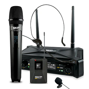 Kit Micrófono Inalámbrico SKP UHF-400D Mano, Cintillo y Solapa