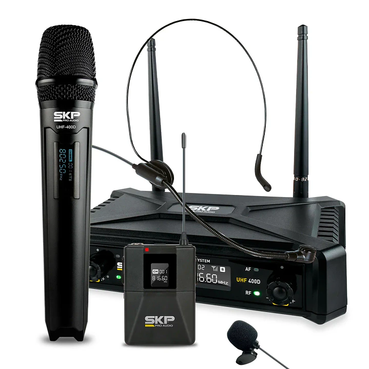 Kit Micrófono Inalámbrico SKP UHF-400D Mano, Cintillo y Solapa 1