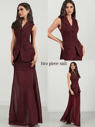 SET BORGOÑA DE DOBLE FALDA CON TRANSPARENCIA,CHALECO SIN MANGAS ELEGANTE