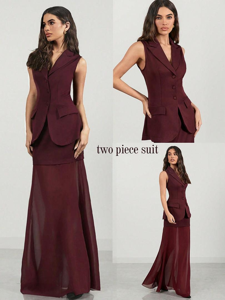 SET BORGOÑA DE DOBLE FALDA CON TRANSPARENCIA,CHALECO SIN MANGAS ELEGANTE 1