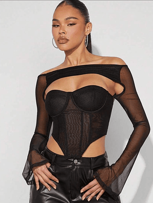 BLUSA ESTILO CORSET CON MANGAS Y TRANSPARENCIA