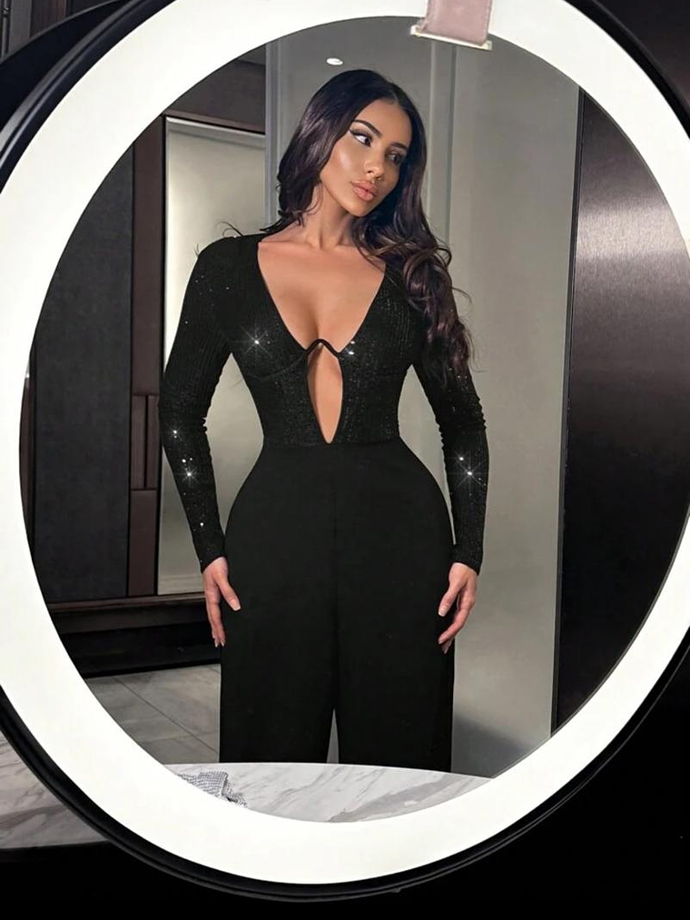 ENTERIZO MANGA LARGA CON ESCOTE EN V PRONUNCIADO Y TELA DE LENTEJUELAS  1