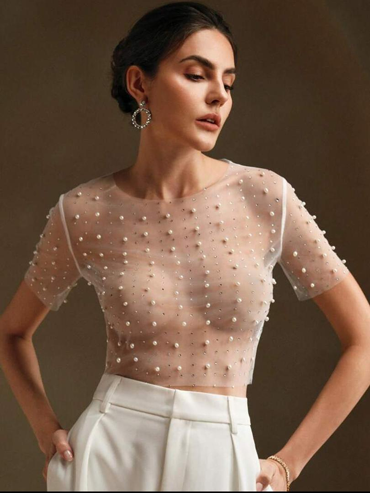 MALLA TRANSPARENTE CON PERLAS Y PIEDRAS BRILLANTES 1