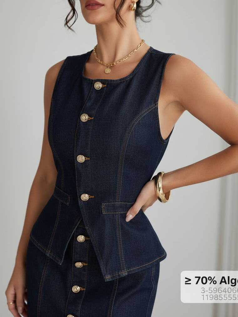 CHALECO DE DENIM LARGO CON BOTONES DORADOS  1