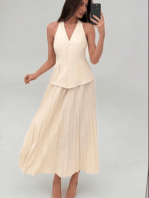 SET DE CHALECO LARGO Y FALDA PLIZADA A JUEGO