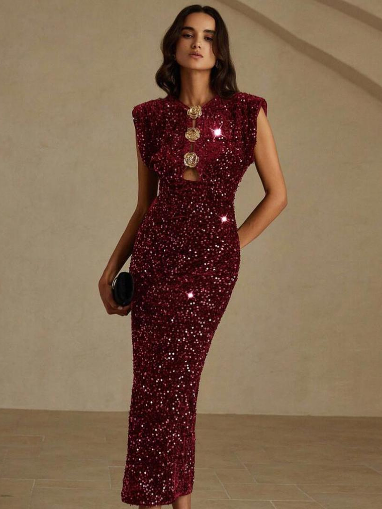 VESTIDO DE TERCIOPELO LARGO CON DETALLES EN DORADO 1