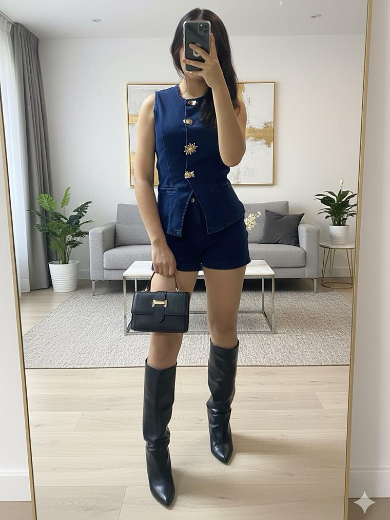 SET DE DENIM DE CHALECO Y BERMUDA CON BOTONES DORADOS GRANDES 1