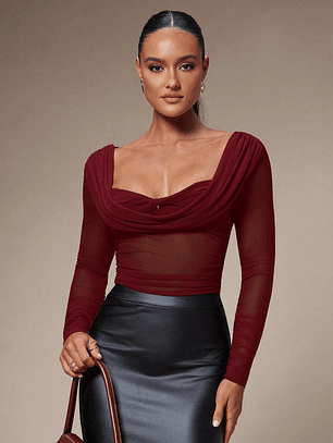 BLUSA MANGA LARGA CUELLO DRAPEADO TENDENCIA 