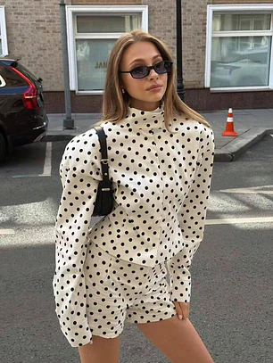 CHAQUETA ABRIGO CASUAL ELEGANTE CON BOTONES DE LUNARES Y CONTRASTE DE COLORES