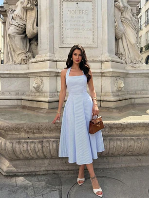 VESTIDO LARGO DE RAYAS CELESTE CON BLANCO