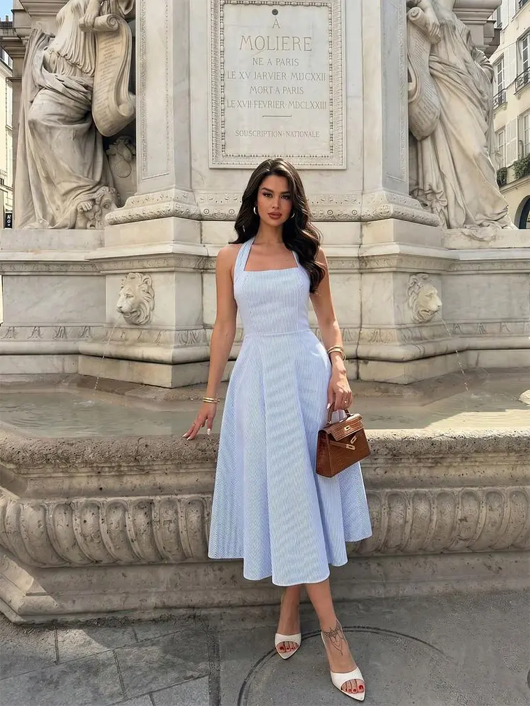 VESTIDO LARGO DE RAYAS CELESTE CON BLANCO 1