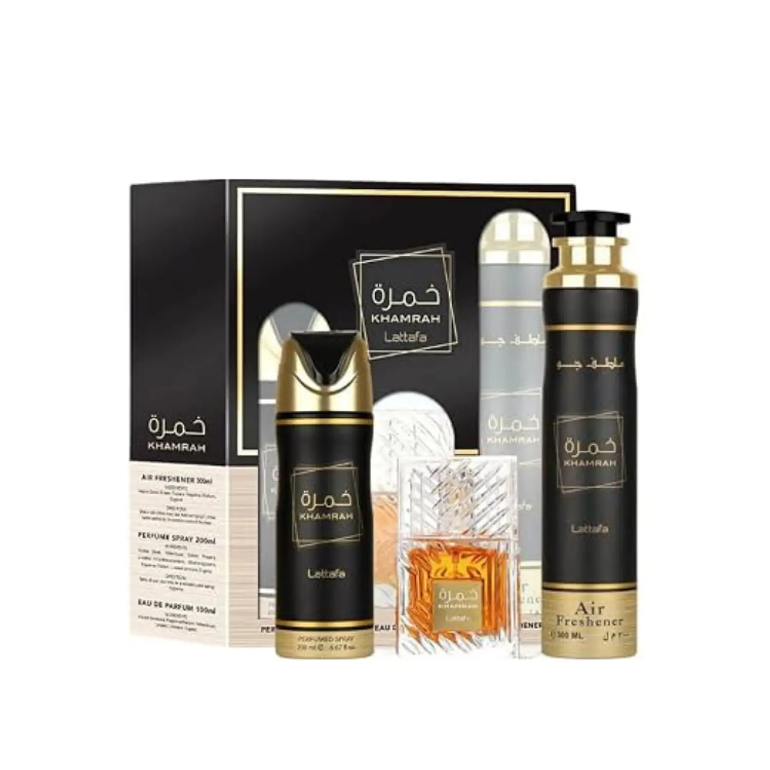 PERFUME LATTAFA KHAMRAH UNISEX EDP 100 ML / DESODORANTE 200 ML / AMBIENTAL 300 ML ESTUCHE