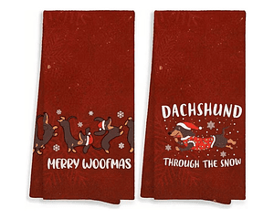 Pack 2 Paños De Cocina Navideños Diseño Perro Salchicha