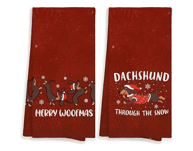 Pack 2 Paños De Cocina Navideños Diseño Perro Salchicha