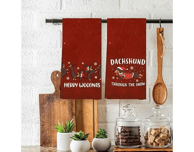 Pack 2 Paños De Cocina Navideños Diseño Perro Salchicha