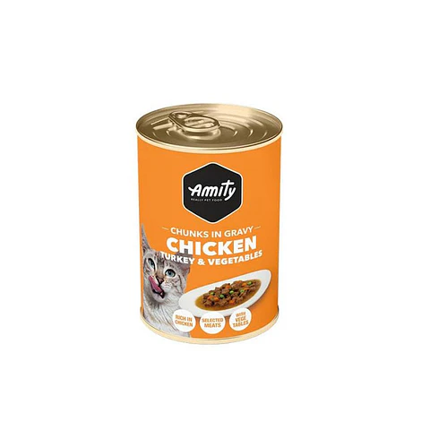 Lata Amity Chunks Pollo, Pavo y Vegetales 415 Grs