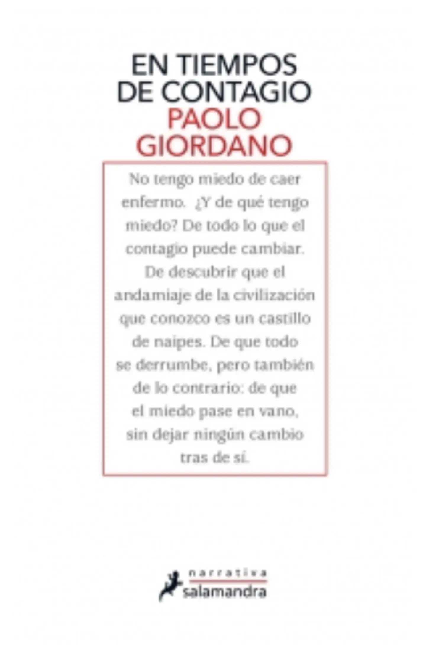 En Tiempos De Contagio De Paolo Giordano. Editorial Salamandra 1