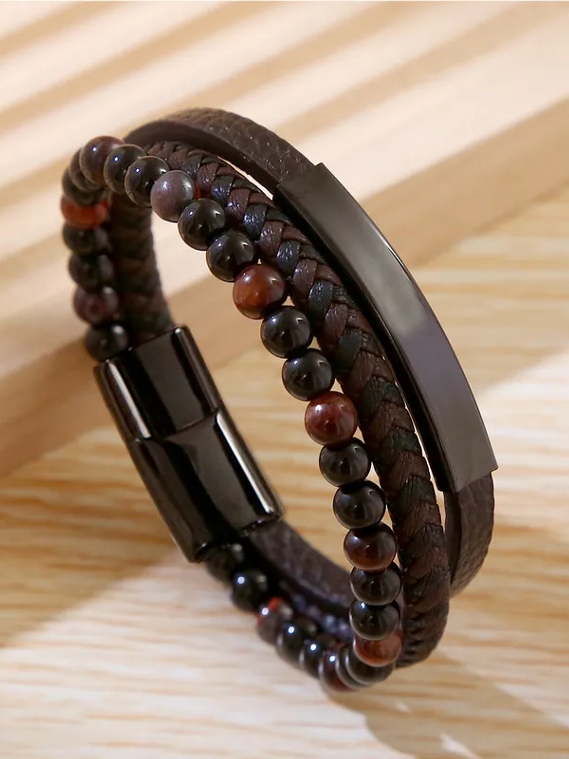 Pulsera Caballero Cuero Sintético Negro, Café, Ojo de gato, negro humo 18cm & 21cm 3