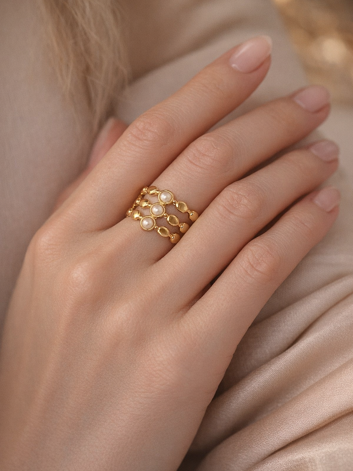 Anillo Geometrico Perlas (Dorado, Plateado) 2