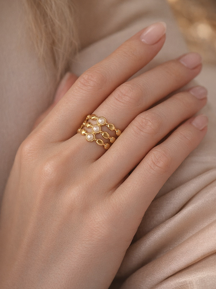 Anillo Geometrico Perlas (Dorado, Plateado) 2