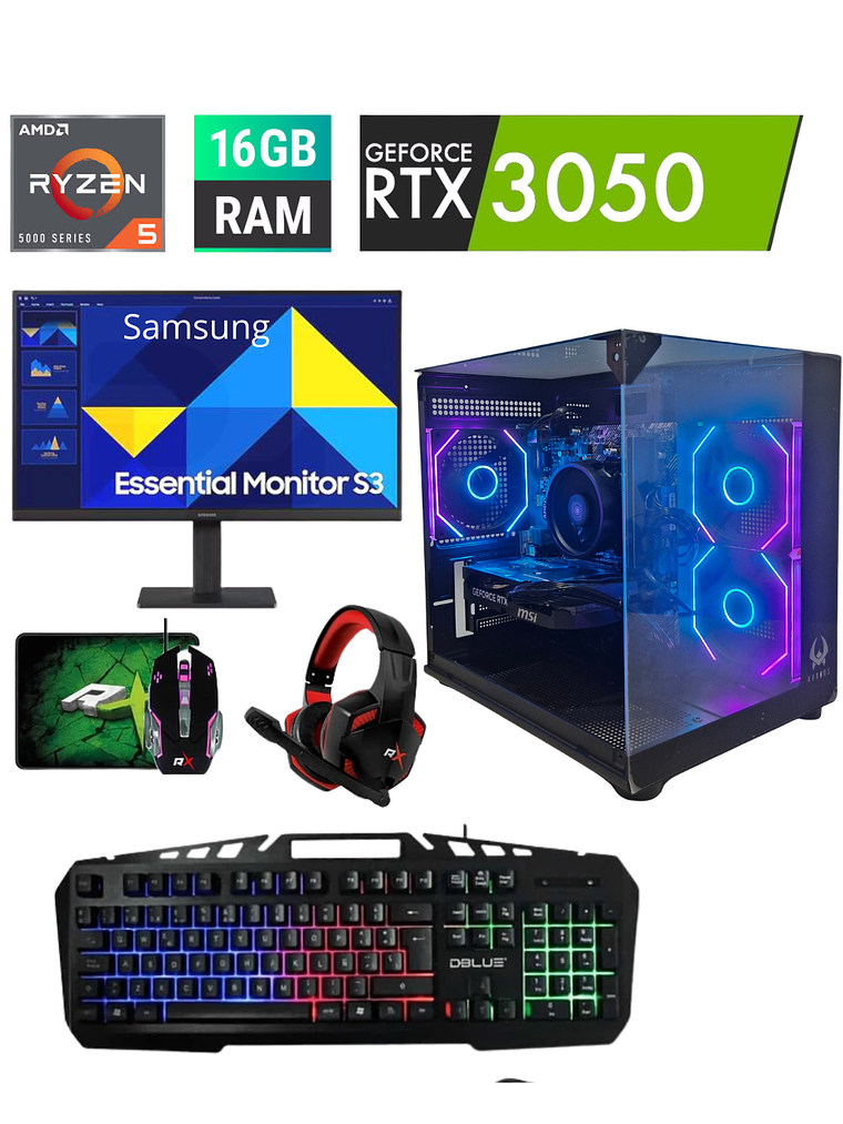 PC Gamer Setup Completo Ryzen 5 5500 + RTX 3050 (6 GB) | 16GB RAM | SSD 480GB| RGB 1