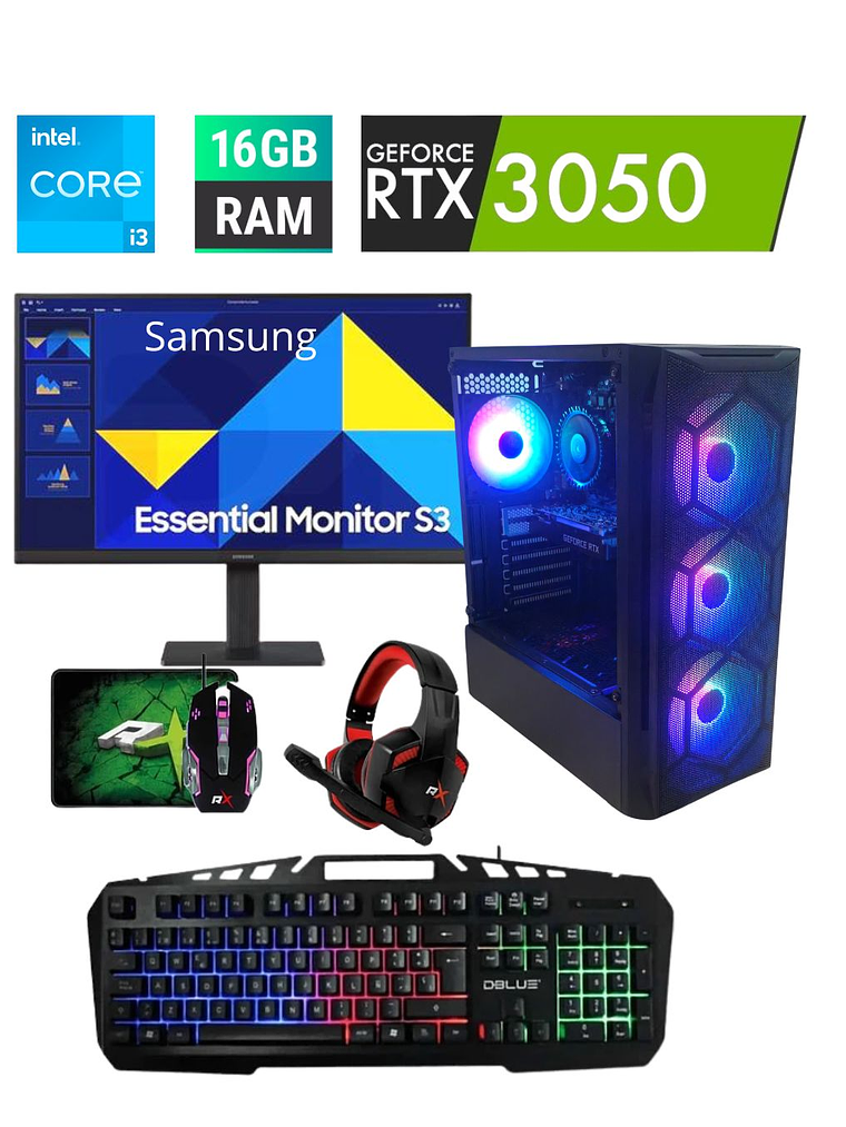 PC Gamer Setup Completo I3 12th + RTX 3050 (6 GB) | 16GB RAM | SSD 480GB / 1TB | RGB | Pantalla 1080p | Periféricos 1